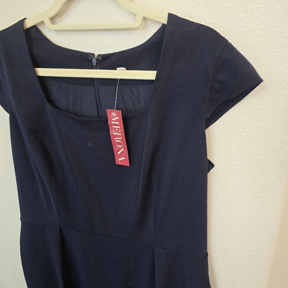 Merona Navy Blue Sheath Dress Cap Sleeve Square Neckline Pleated Dress Womens 16 - Picture 5 of 11